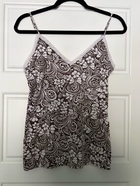 Suzy Shier Brown and White Floral Lace-Trim Tank Top